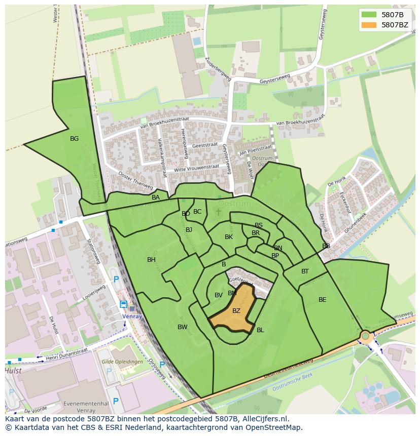 Afbeelding van het postcodegebied 5807 BZ op de kaart.