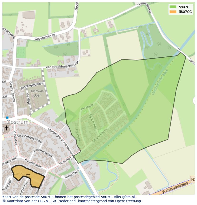 Afbeelding van het postcodegebied 5807 CC op de kaart.