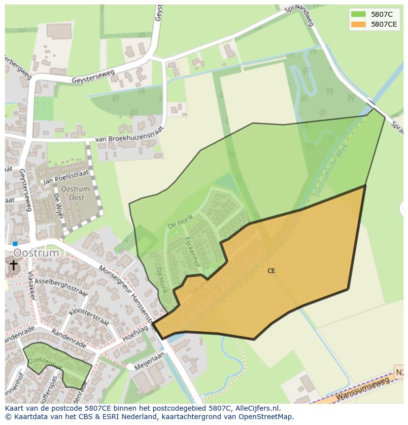 Afbeelding van het postcodegebied 5807 CE op de kaart.