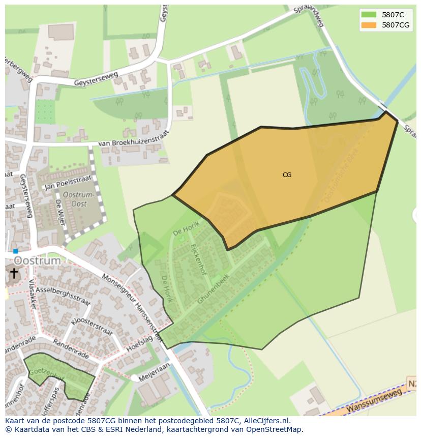 Afbeelding van het postcodegebied 5807 CG op de kaart.