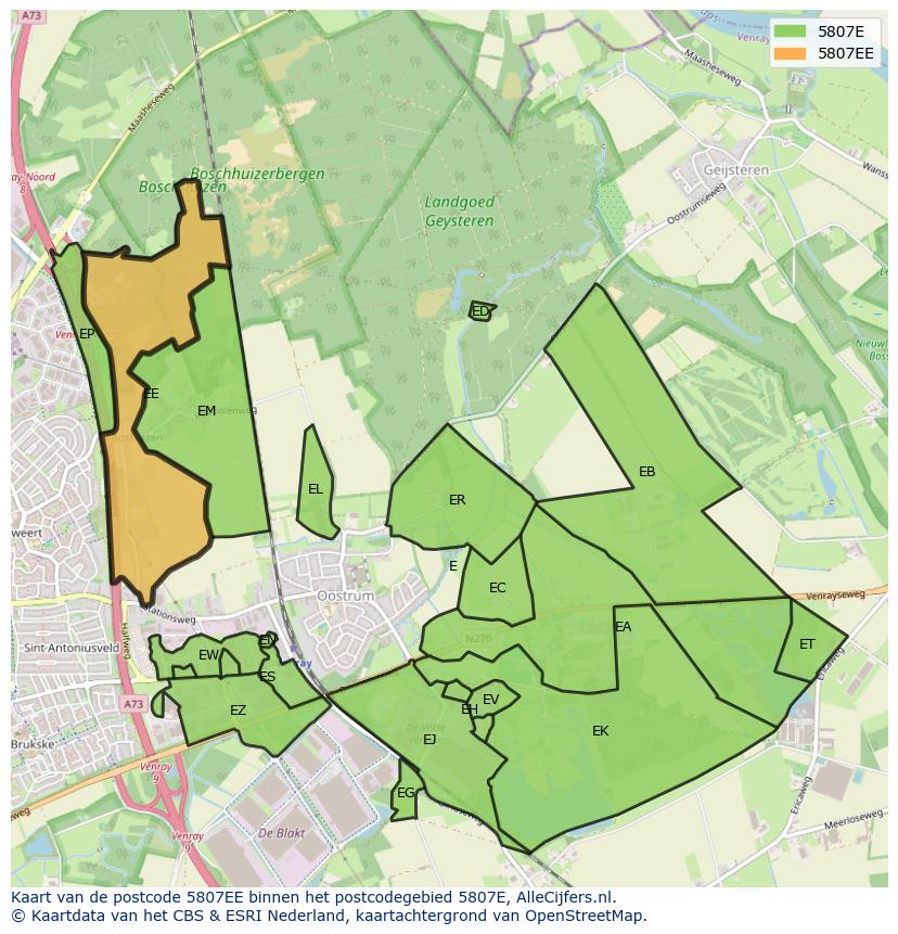 Afbeelding van het postcodegebied 5807 EE op de kaart.