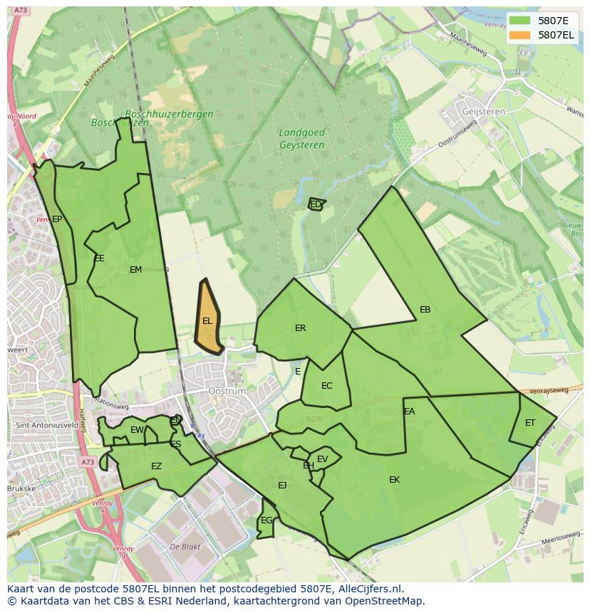 Afbeelding van het postcodegebied 5807 EL op de kaart.