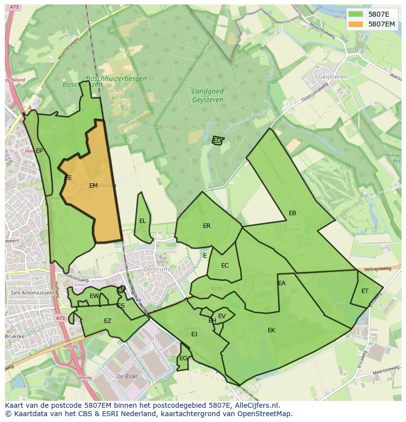 Afbeelding van het postcodegebied 5807 EM op de kaart.