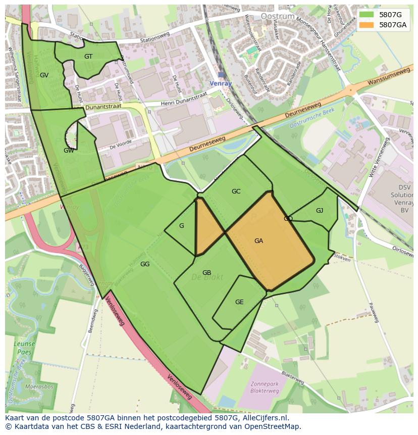 Afbeelding van het postcodegebied 5807 GA op de kaart.