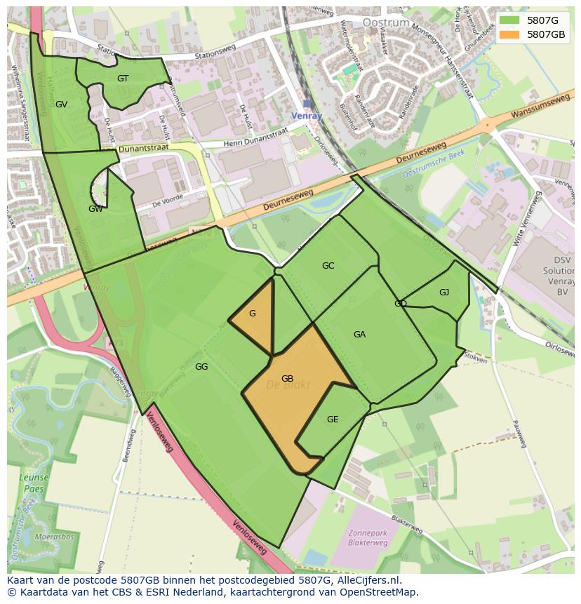 Afbeelding van het postcodegebied 5807 GB op de kaart.