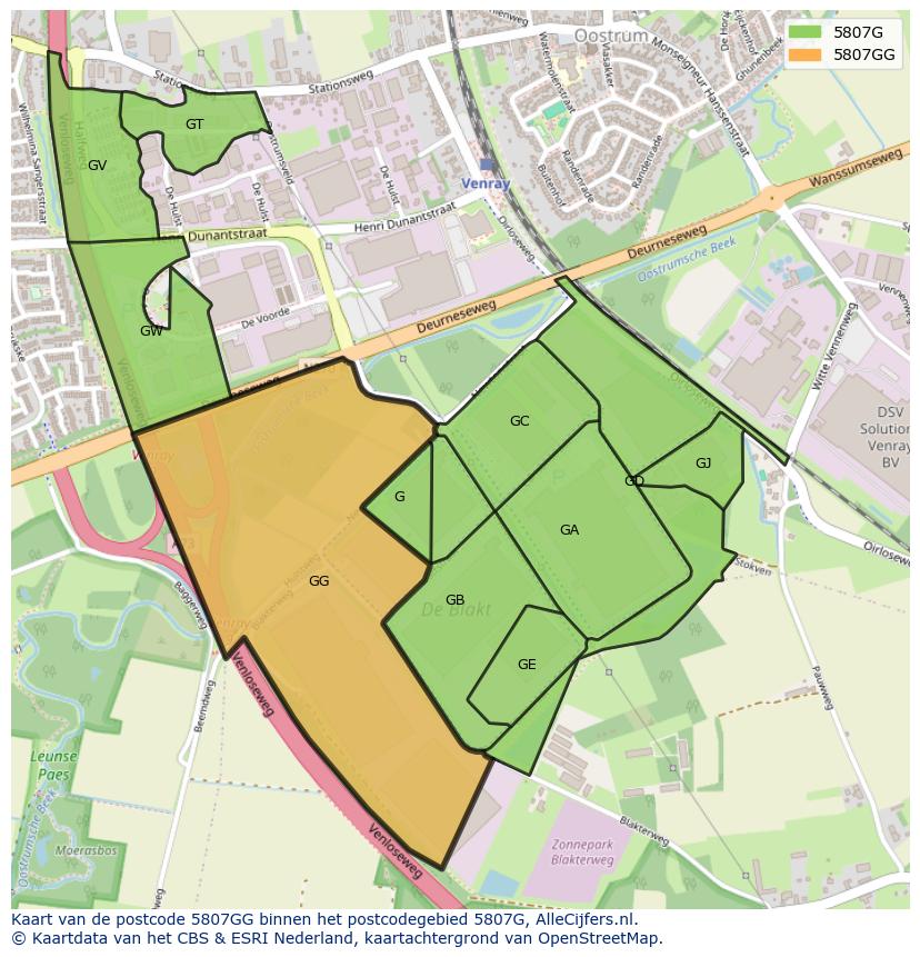 Afbeelding van het postcodegebied 5807 GG op de kaart.