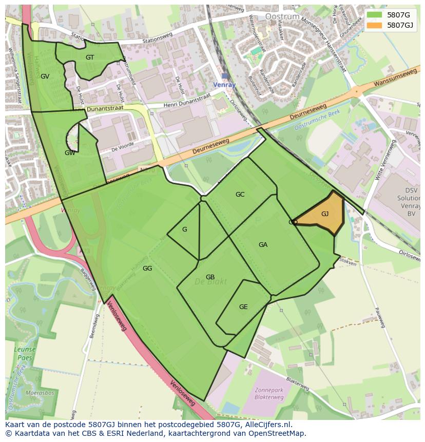 Afbeelding van het postcodegebied 5807 GJ op de kaart.