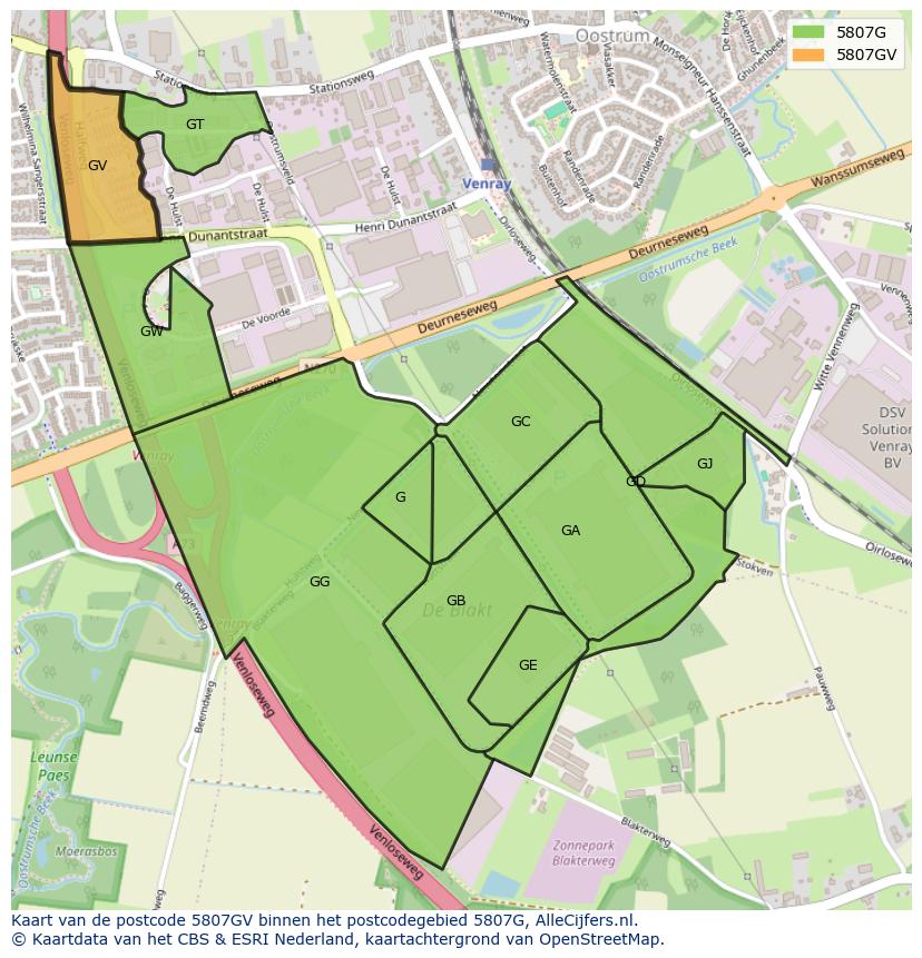 Afbeelding van het postcodegebied 5807 GV op de kaart.