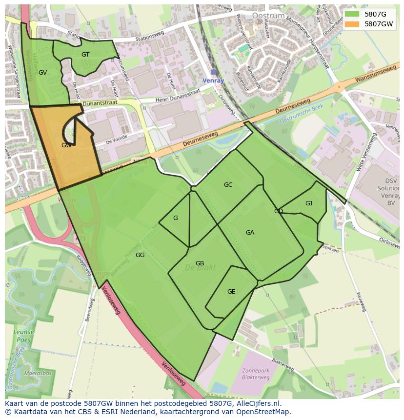 Afbeelding van het postcodegebied 5807 GW op de kaart.