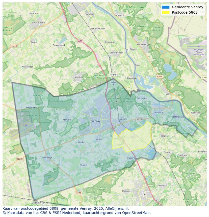 Afbeelding van het postcodegebied 5808 op de kaart.