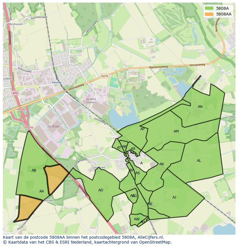 Afbeelding van het postcodegebied 5808 AA op de kaart.