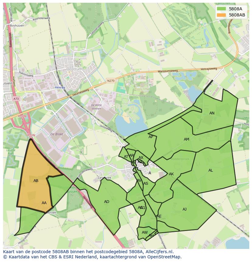 Afbeelding van het postcodegebied 5808 AB op de kaart.
