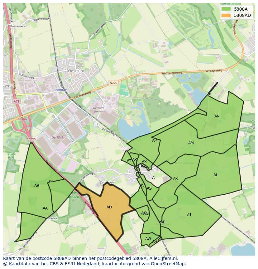 Afbeelding van het postcodegebied 5808 AD op de kaart.