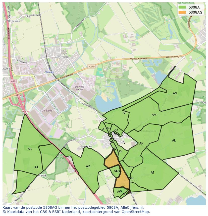 Afbeelding van het postcodegebied 5808 AG op de kaart.