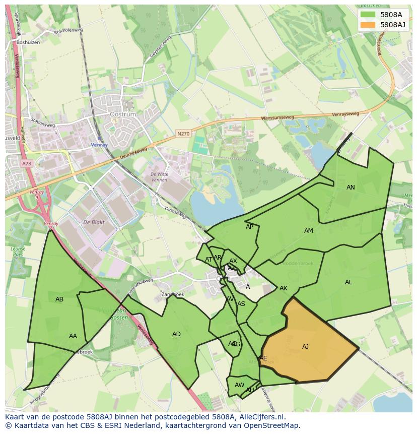 Afbeelding van het postcodegebied 5808 AJ op de kaart.