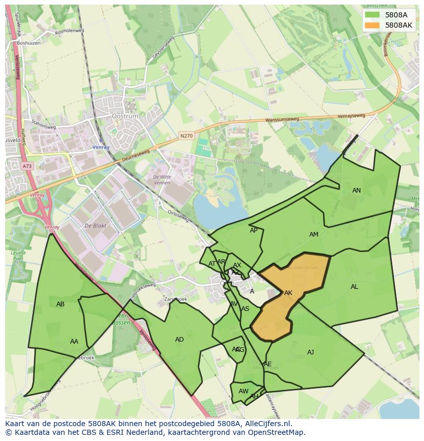 Afbeelding van het postcodegebied 5808 AK op de kaart.