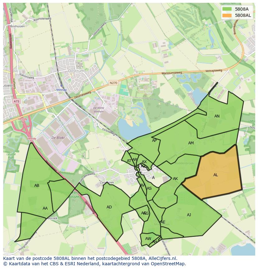 Afbeelding van het postcodegebied 5808 AL op de kaart.
