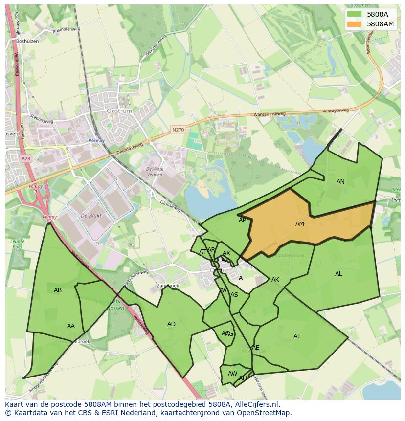 Afbeelding van het postcodegebied 5808 AM op de kaart.