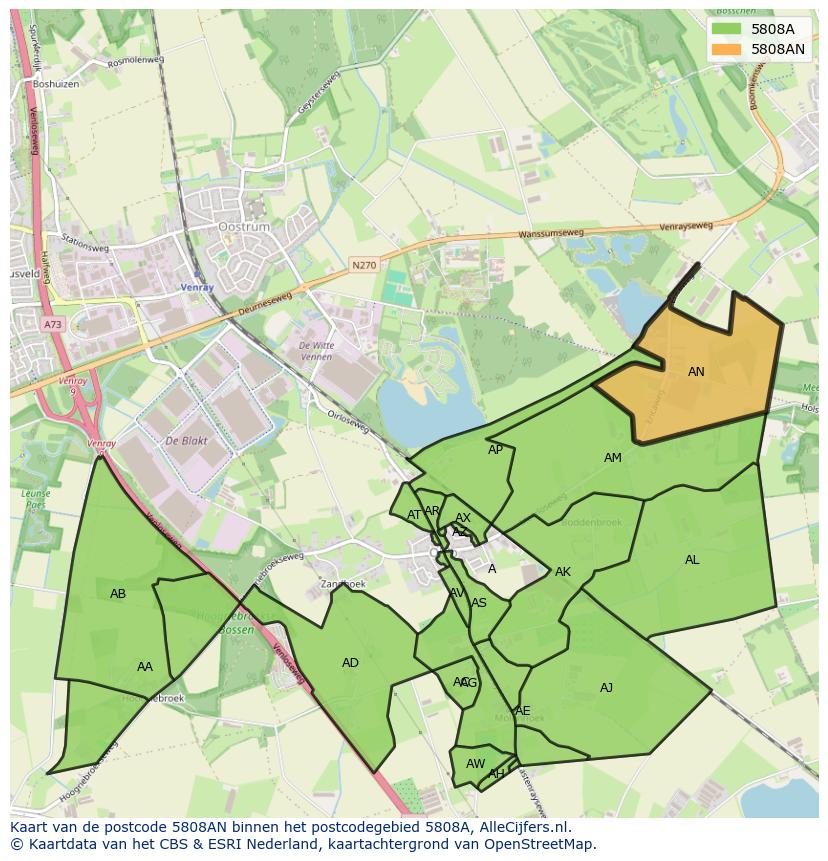 Afbeelding van het postcodegebied 5808 AN op de kaart.