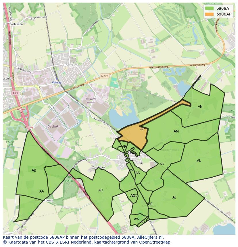 Afbeelding van het postcodegebied 5808 AP op de kaart.