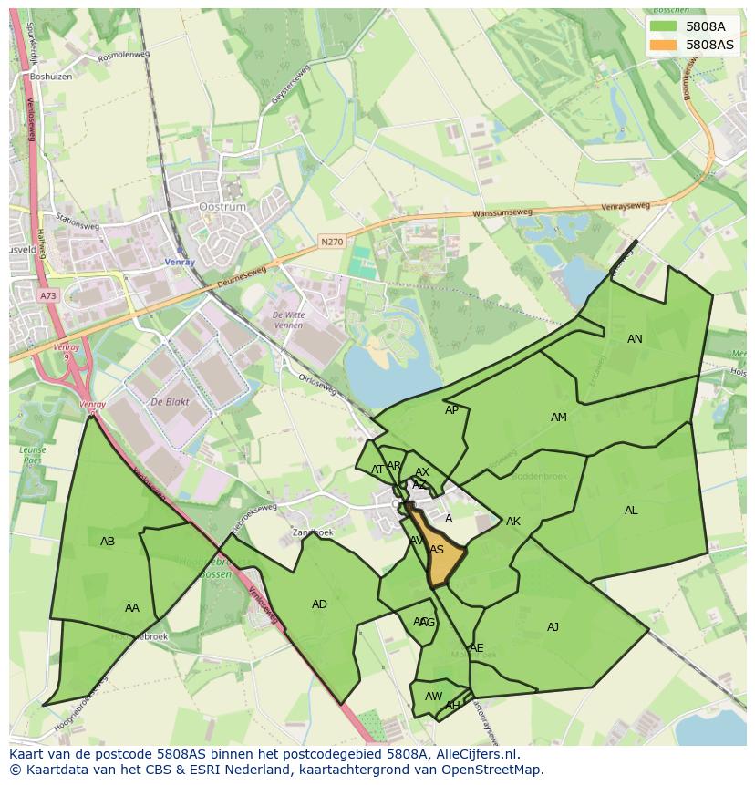 Afbeelding van het postcodegebied 5808 AS op de kaart.