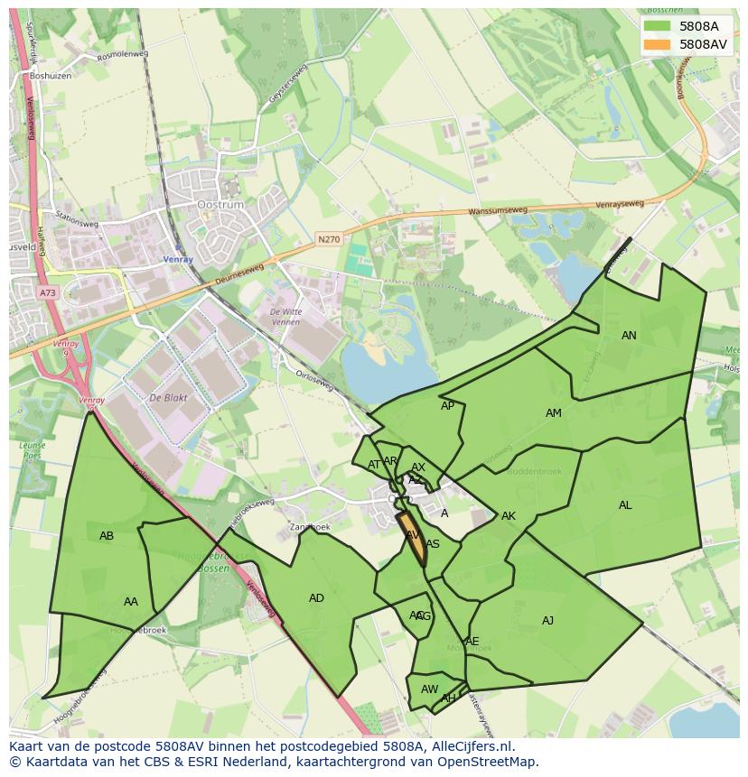 Afbeelding van het postcodegebied 5808 AV op de kaart.