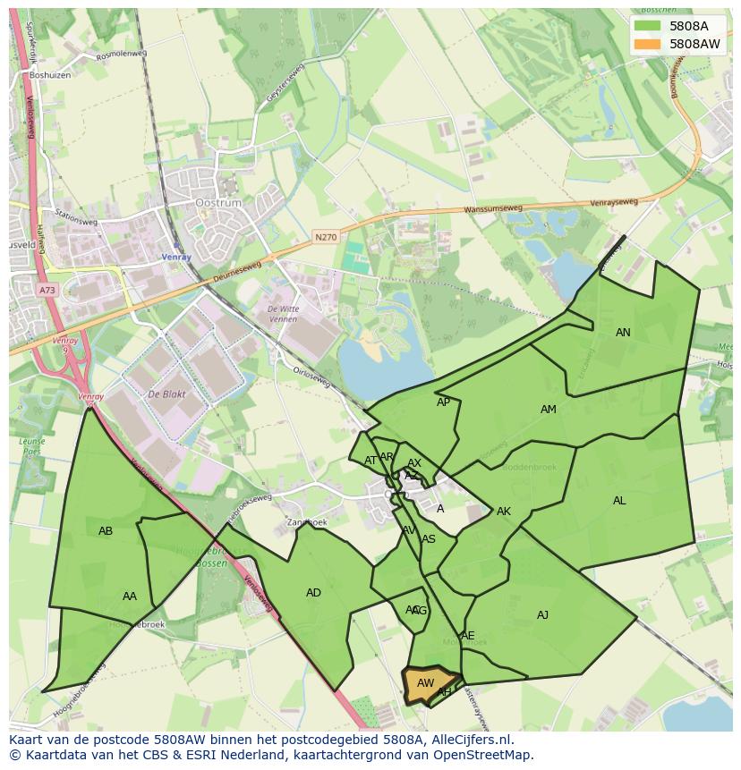 Afbeelding van het postcodegebied 5808 AW op de kaart.