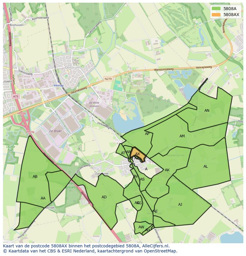 Afbeelding van het postcodegebied 5808 AX op de kaart.