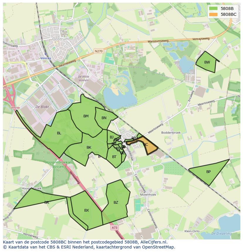 Afbeelding van het postcodegebied 5808 BC op de kaart.