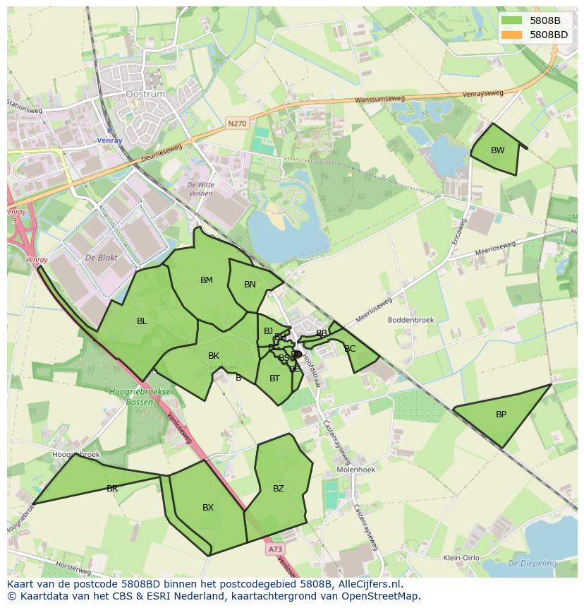 Afbeelding van het postcodegebied 5808 BD op de kaart.