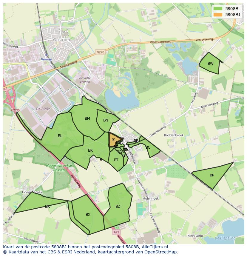 Afbeelding van het postcodegebied 5808 BJ op de kaart.