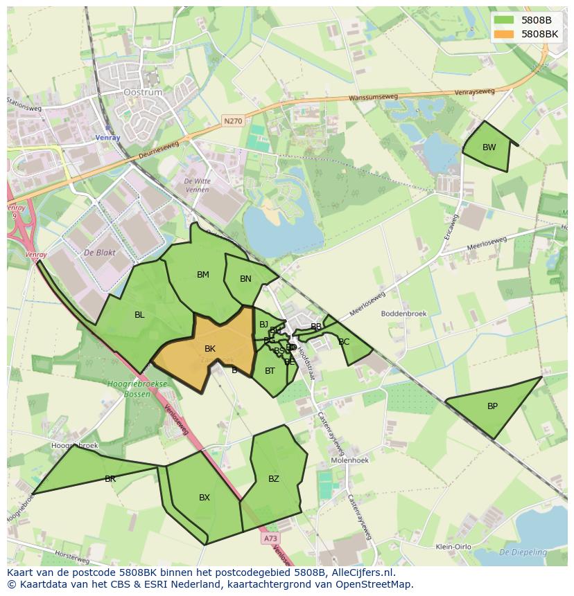 Afbeelding van het postcodegebied 5808 BK op de kaart.