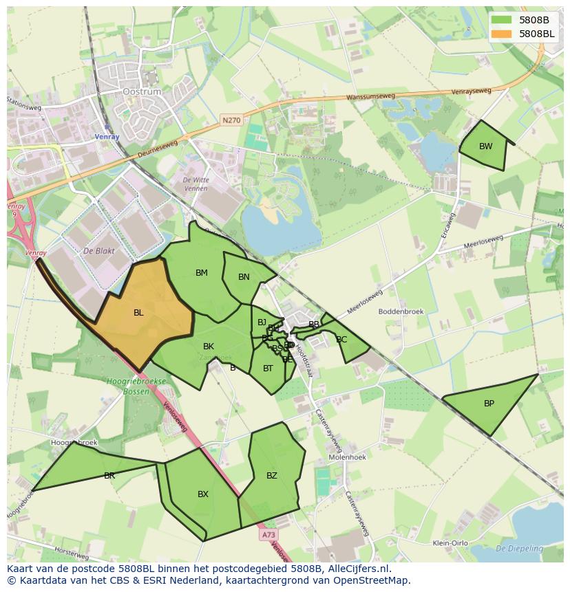 Afbeelding van het postcodegebied 5808 BL op de kaart.
