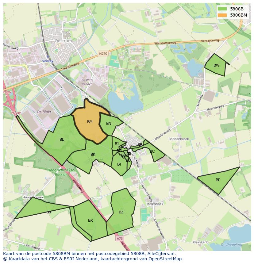 Afbeelding van het postcodegebied 5808 BM op de kaart.