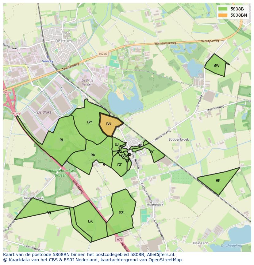 Afbeelding van het postcodegebied 5808 BN op de kaart.