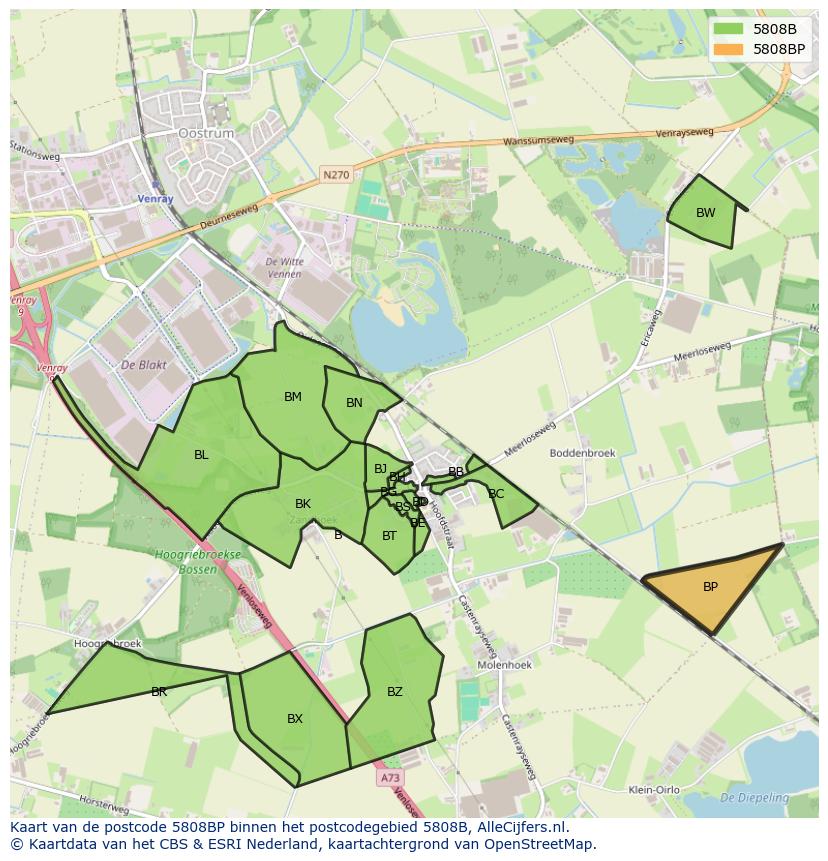 Afbeelding van het postcodegebied 5808 BP op de kaart.