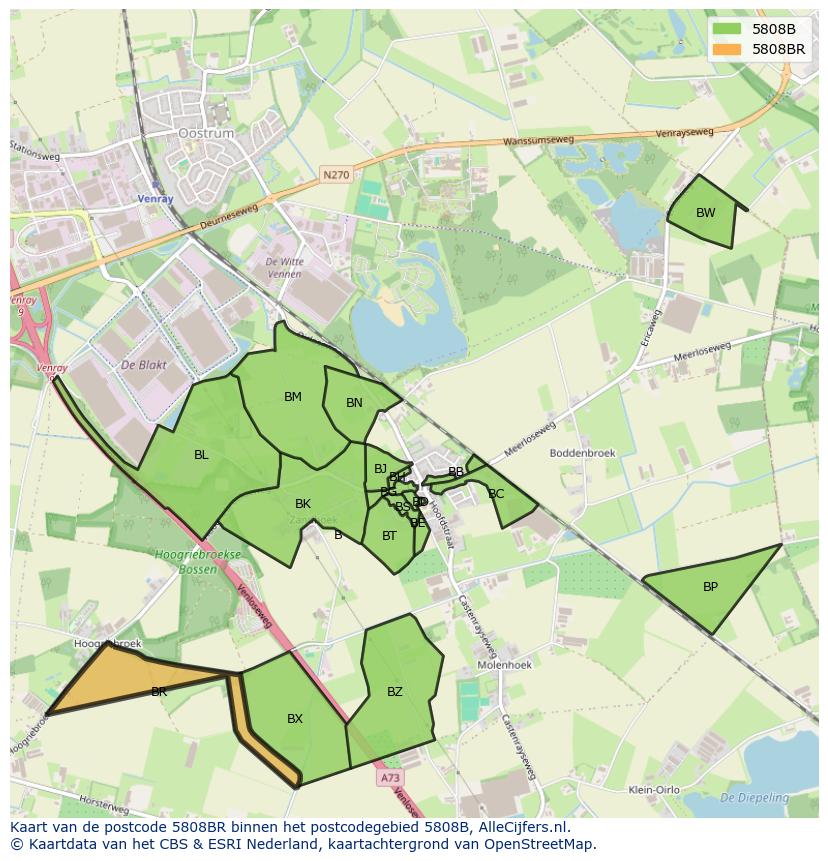 Afbeelding van het postcodegebied 5808 BR op de kaart.