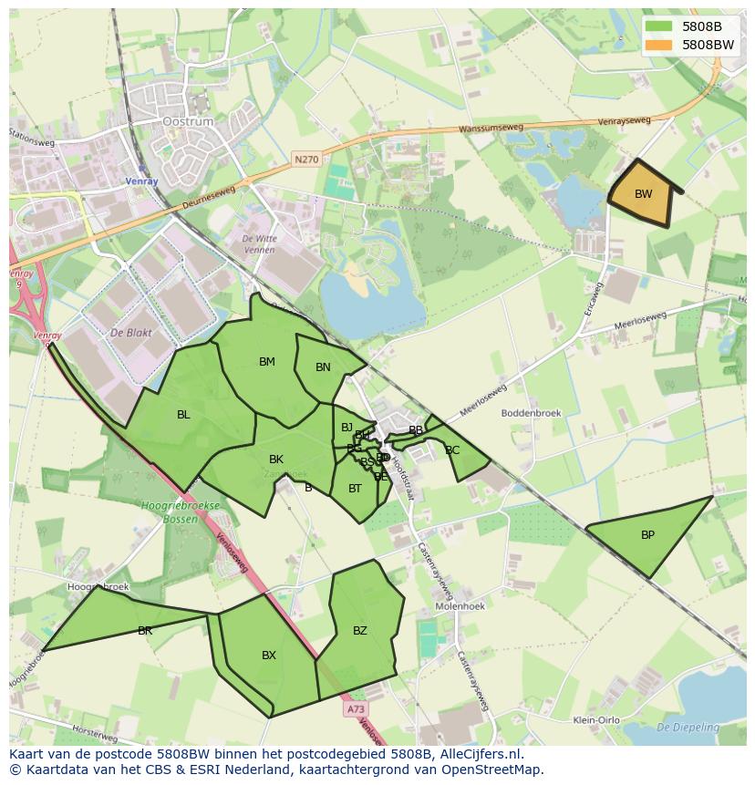 Afbeelding van het postcodegebied 5808 BW op de kaart.