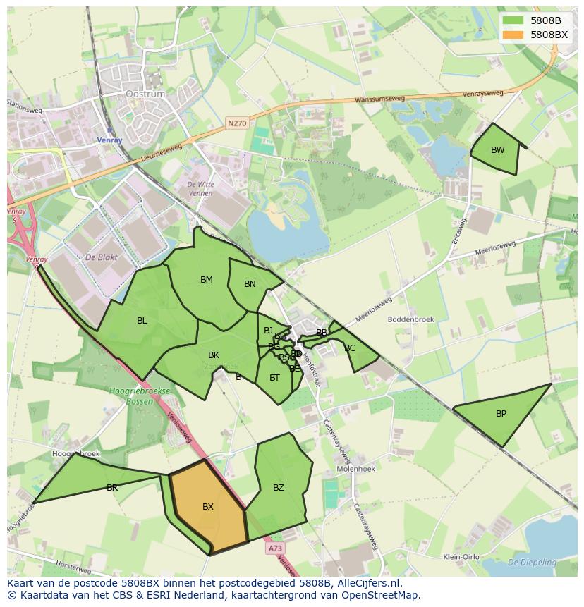 Afbeelding van het postcodegebied 5808 BX op de kaart.