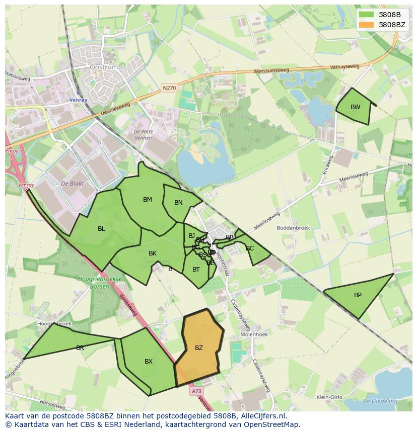 Afbeelding van het postcodegebied 5808 BZ op de kaart.
