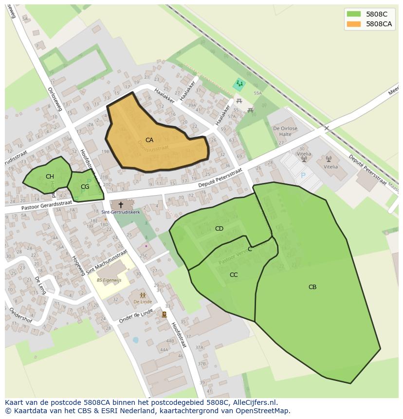 Afbeelding van het postcodegebied 5808 CA op de kaart.