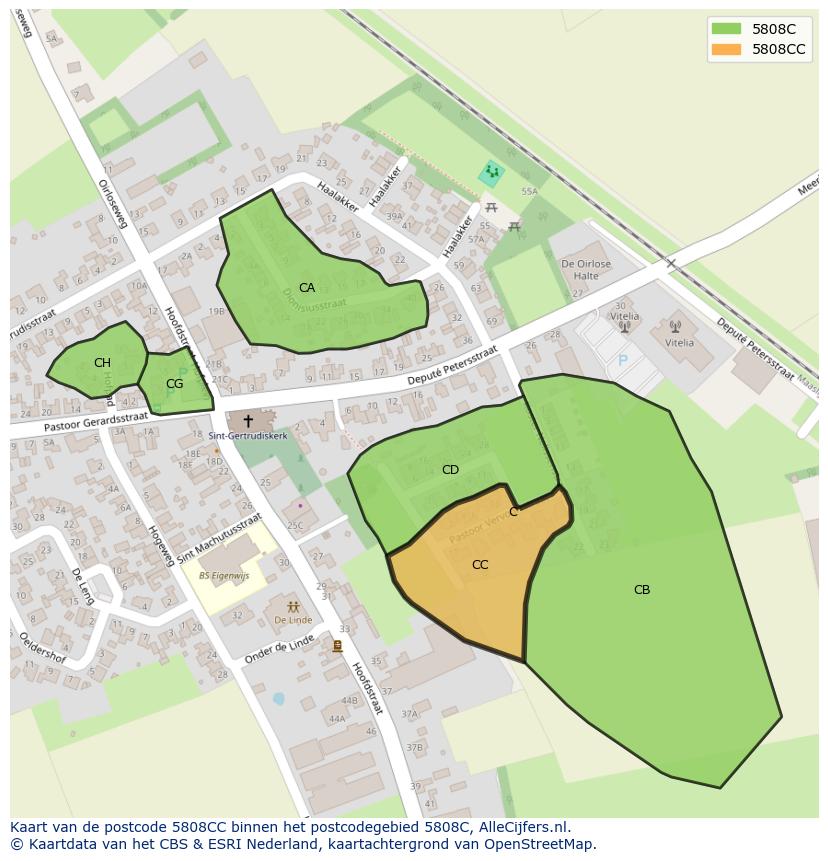 Afbeelding van het postcodegebied 5808 CC op de kaart.