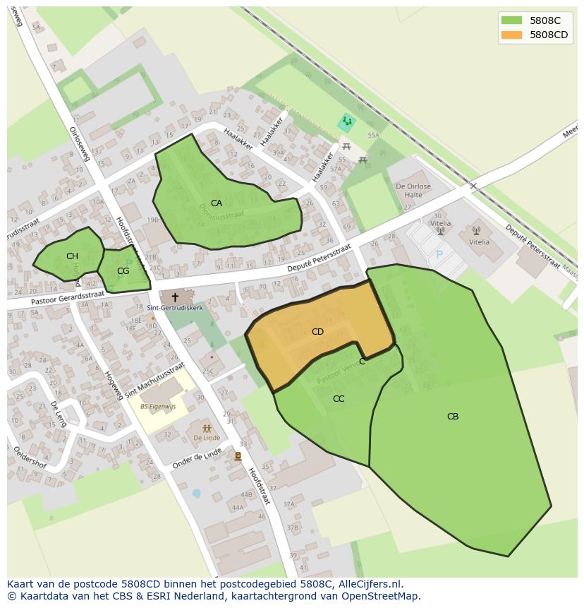 Afbeelding van het postcodegebied 5808 CD op de kaart.
