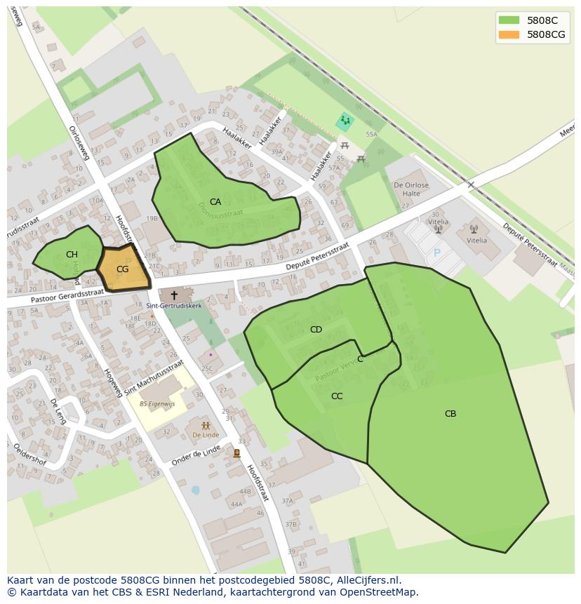 Afbeelding van het postcodegebied 5808 CG op de kaart.