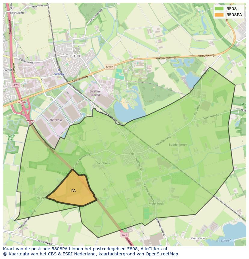 Afbeelding van het postcodegebied 5808 PA op de kaart.