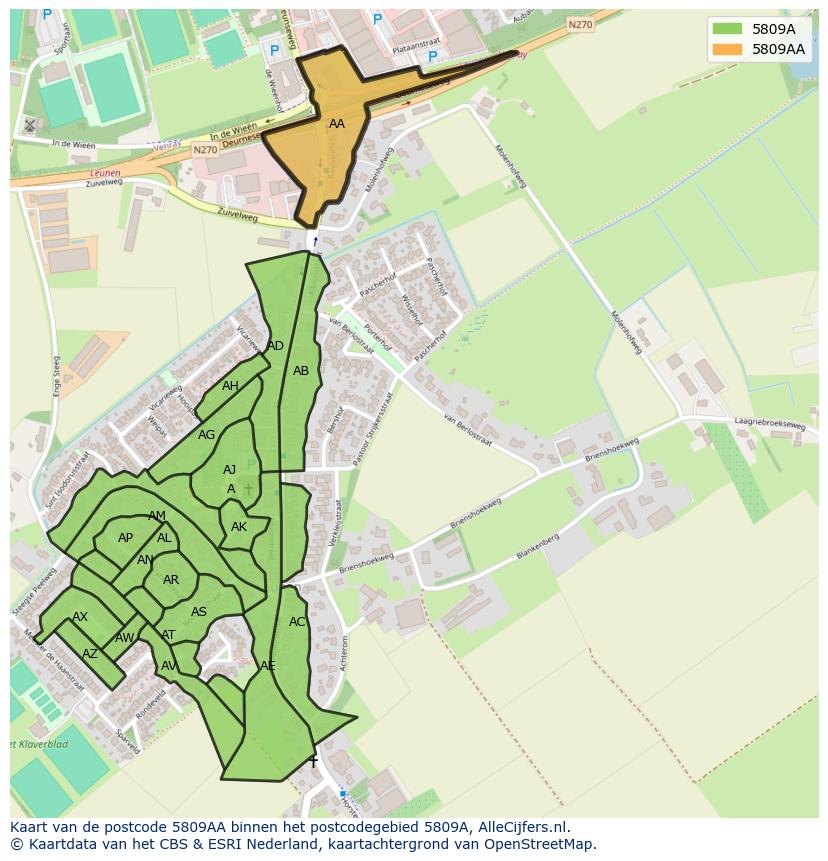 Afbeelding van het postcodegebied 5809 AA op de kaart.