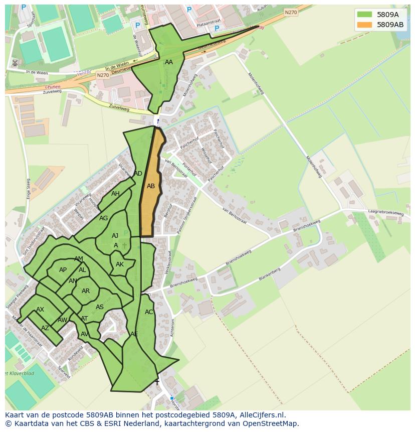 Afbeelding van het postcodegebied 5809 AB op de kaart.