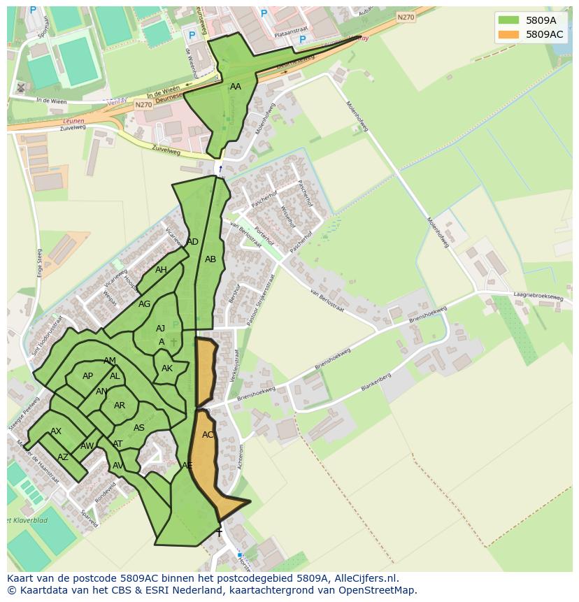 Afbeelding van het postcodegebied 5809 AC op de kaart.