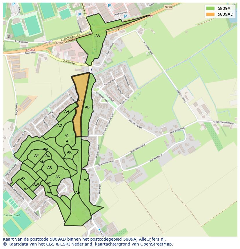 Afbeelding van het postcodegebied 5809 AD op de kaart.