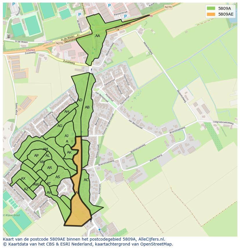Afbeelding van het postcodegebied 5809 AE op de kaart.